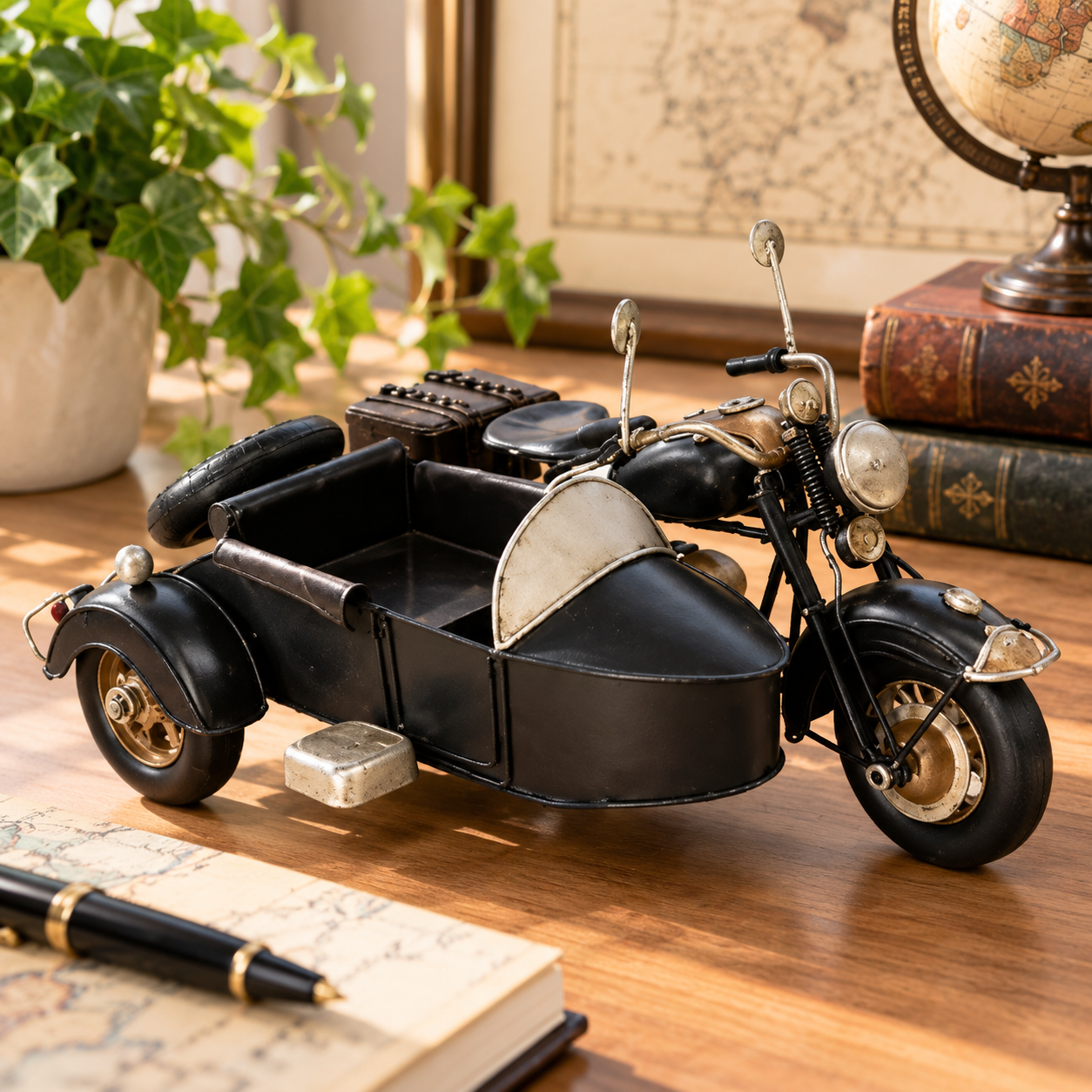 🏍️ Moto Clásica con Sidecar · Miniatura Decorativa de Metal