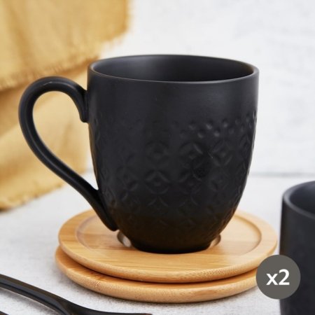 Set x 2 taza de porcelana y plato bambu