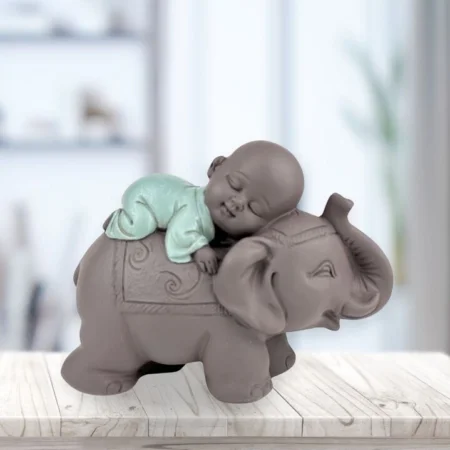 Estatuilla Monje buda bebe durmiendo en elefante - Imagen 6