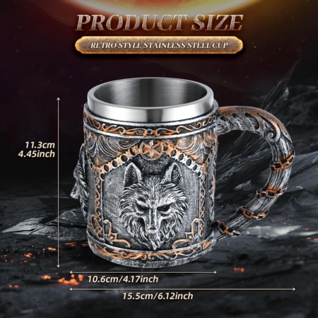 Taza Jarro Mug 3D  Acero temática Medieval Lobo Gold - Imagen 3