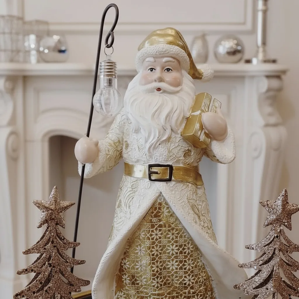 Papá Noel con baston, y luz led blanco/dorado - Imagen 4
