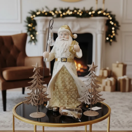  Papá Noel con baston, y luz led blanco/dorado