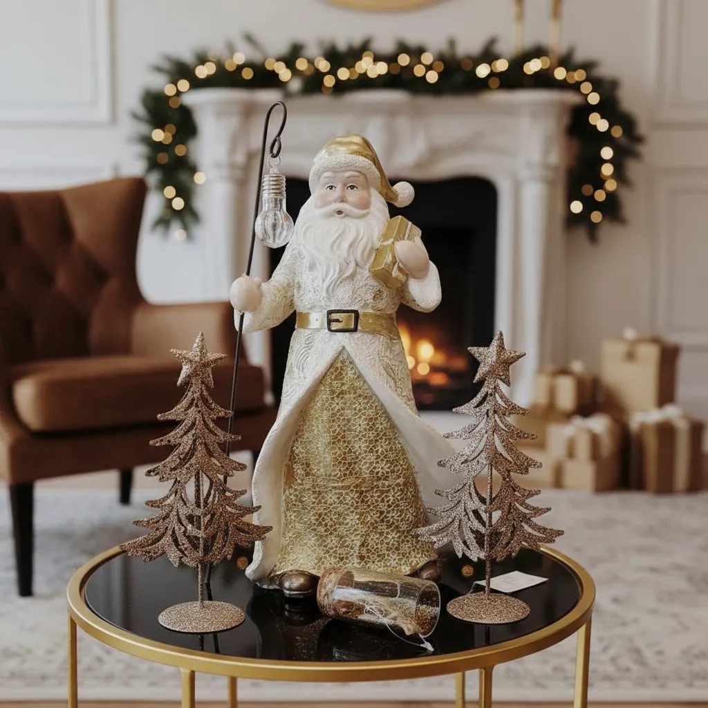 Papá Noel con baston, y luz led blanco/dorado