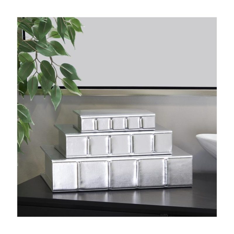 Libro Caja Decorativa Glam Eco cuero plateado x 3