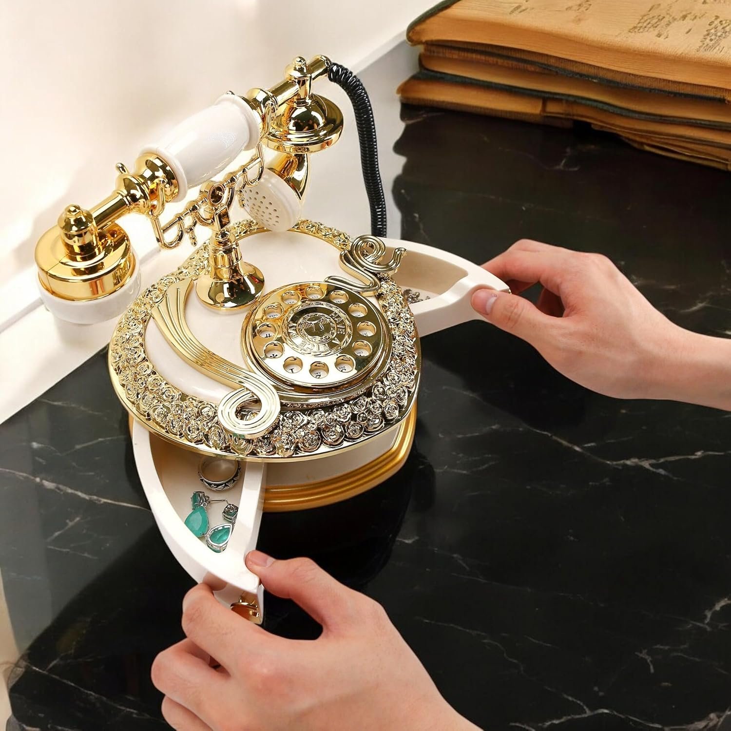 📞🎼 Caja Musical & Alhajero Teléfono Vintage Dorado - Imagen 4