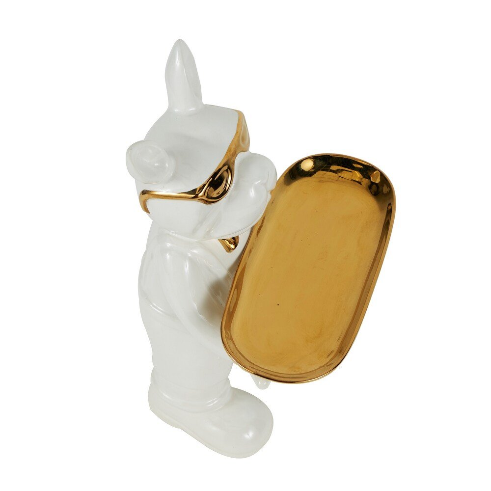 Escultura Decorativa Bulldog con Bandeja · Blanco & Dorado - Imagen 3