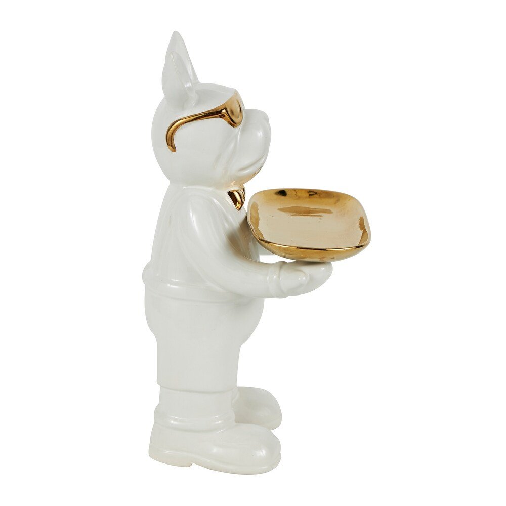 Escultura Decorativa Bulldog con Bandeja · Blanco & Dorado - Imagen 4