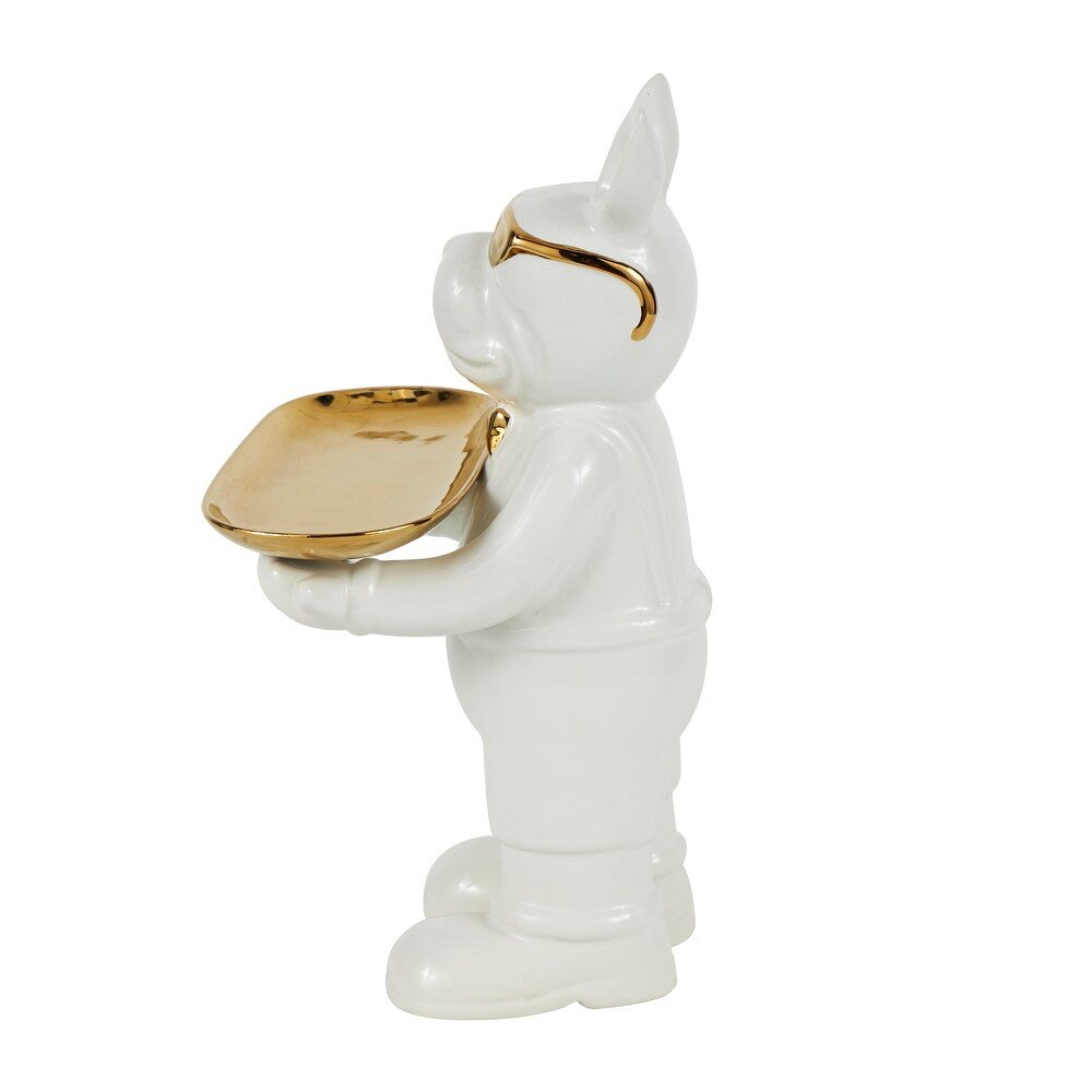 Escultura Decorativa Bulldog con Bandeja · Blanco & Dorado - Imagen 5
