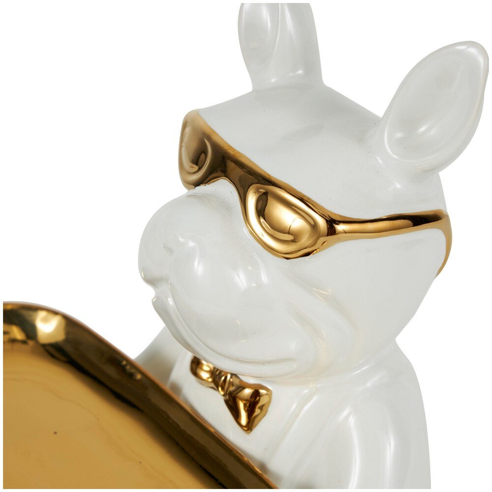 Escultura Decorativa Bulldog con Bandeja · Blanco & Dorado - Imagen 6