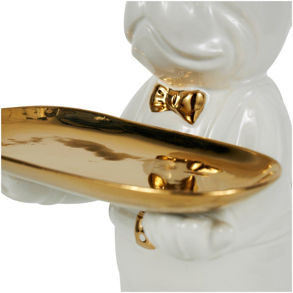 Escultura Decorativa Bulldog con Bandeja · Blanco & Dorado - Imagen 7