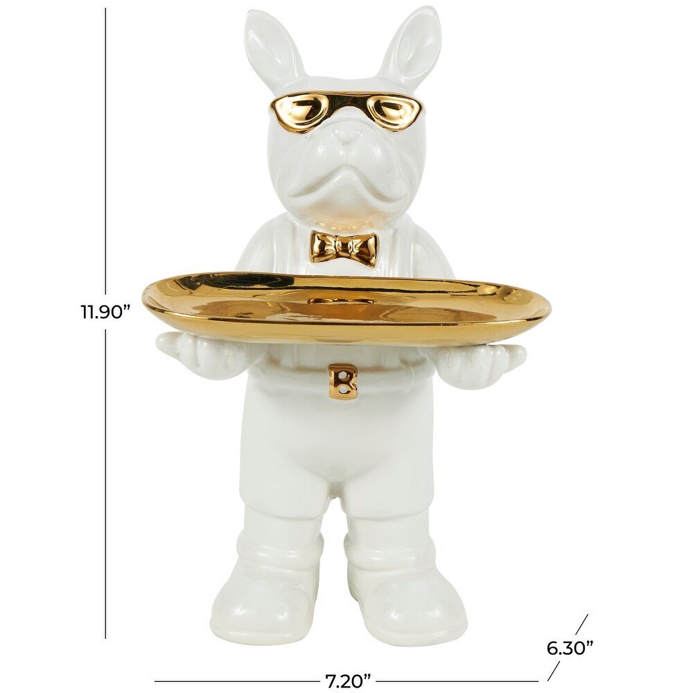 Escultura Decorativa Bulldog con Bandeja · Blanco & Dorado - Imagen 10