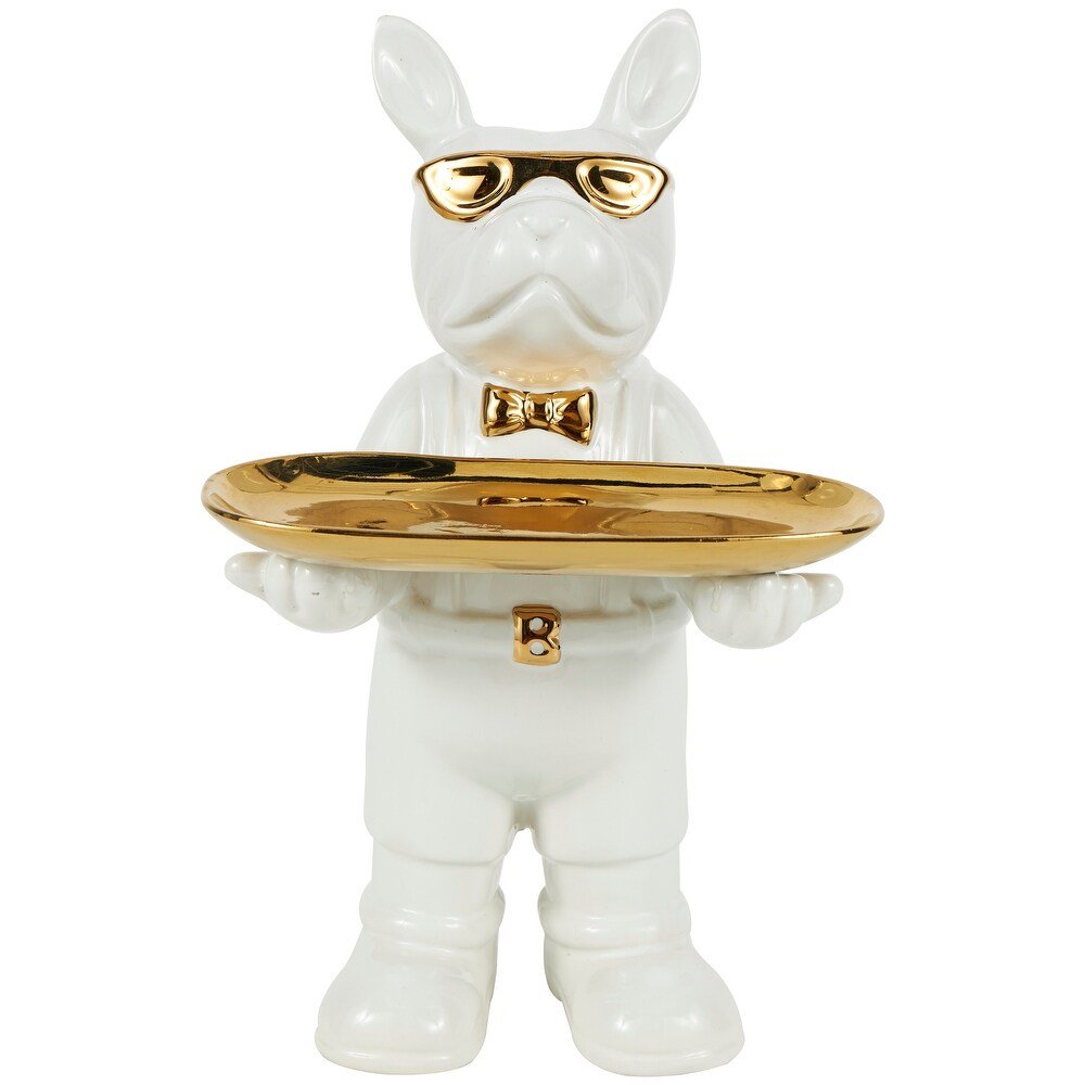 Escultura Decorativa Bulldog con Bandeja · Blanco & Dorado - Imagen 2