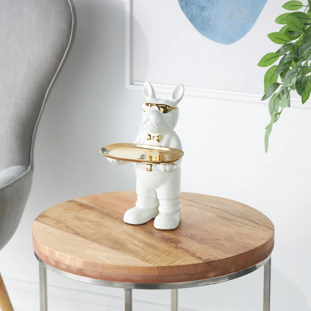 Escultura Decorativa Bulldog con Bandeja · Blanco & Dorado
