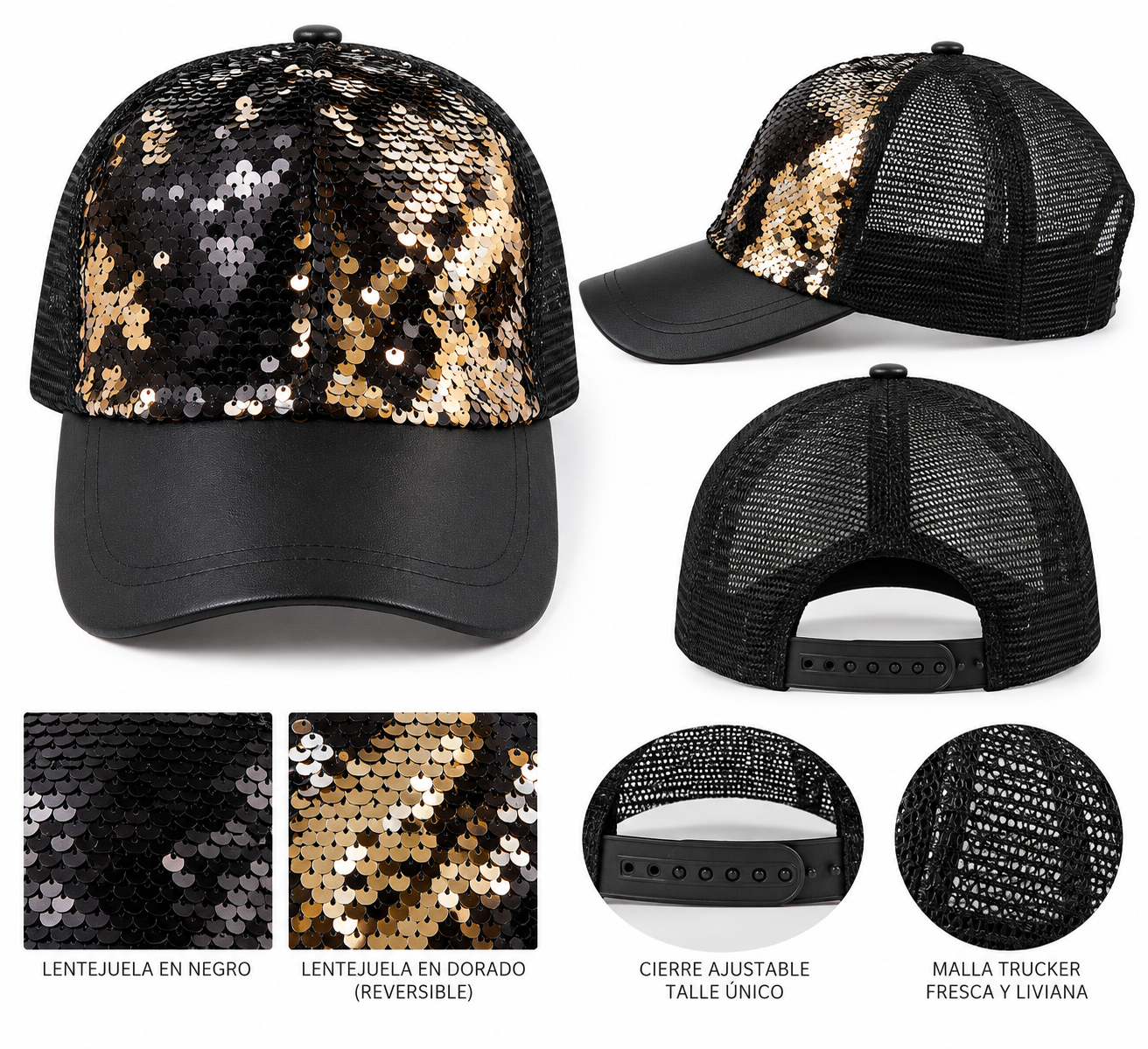 🖤 Gorra Trucker Lentejuelas Reversibles · Negro & Plateado ✨ - Imagen 2