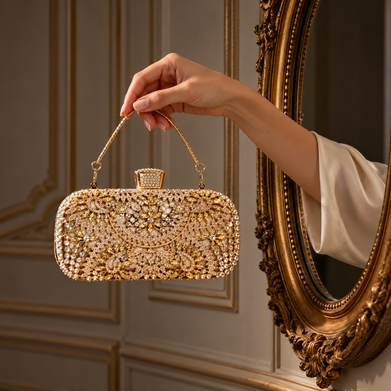 ✨ Clutch Joya Dorado · Flores de Cristal