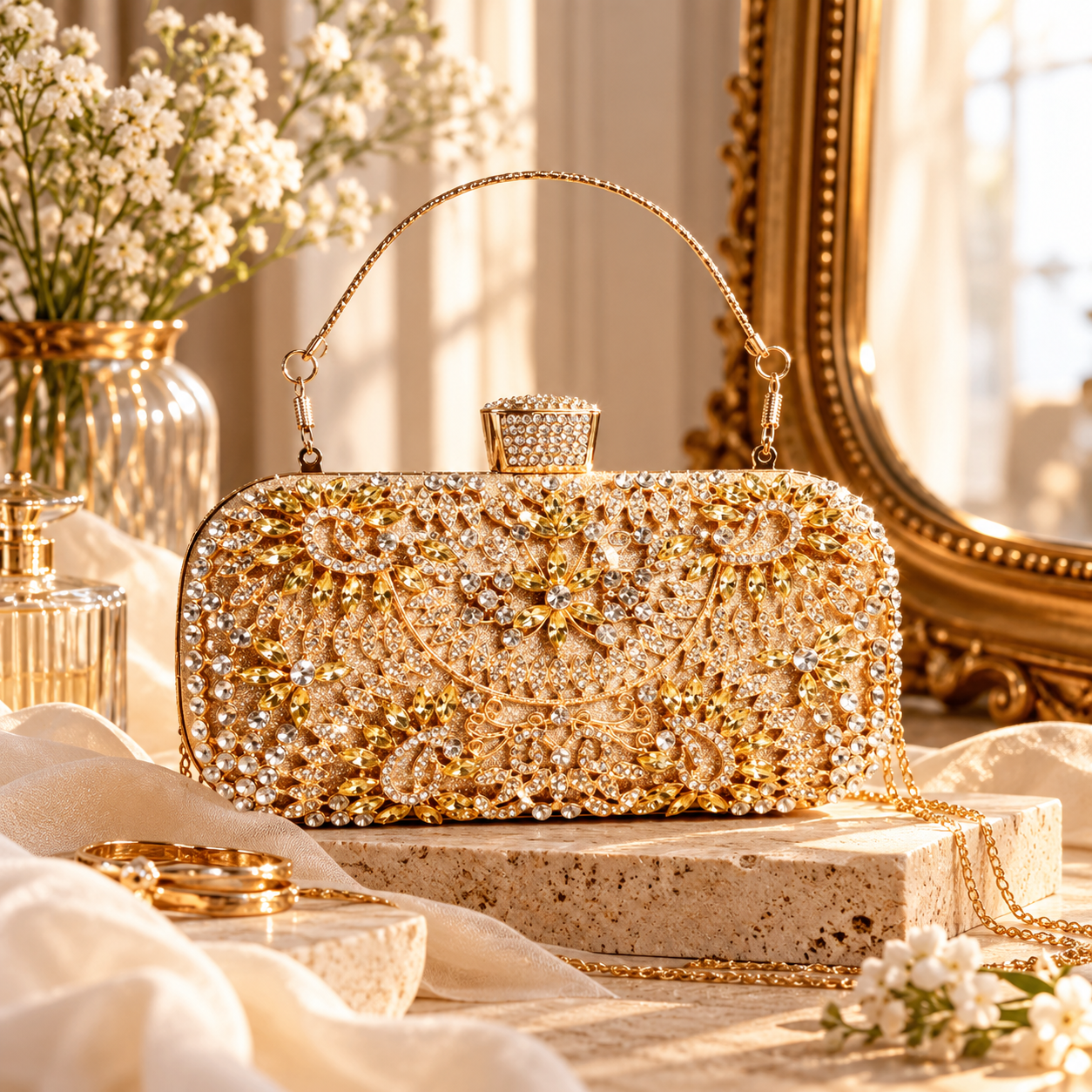 ✨ Clutch Joya Dorado · Flores de Cristal - Imagen 2