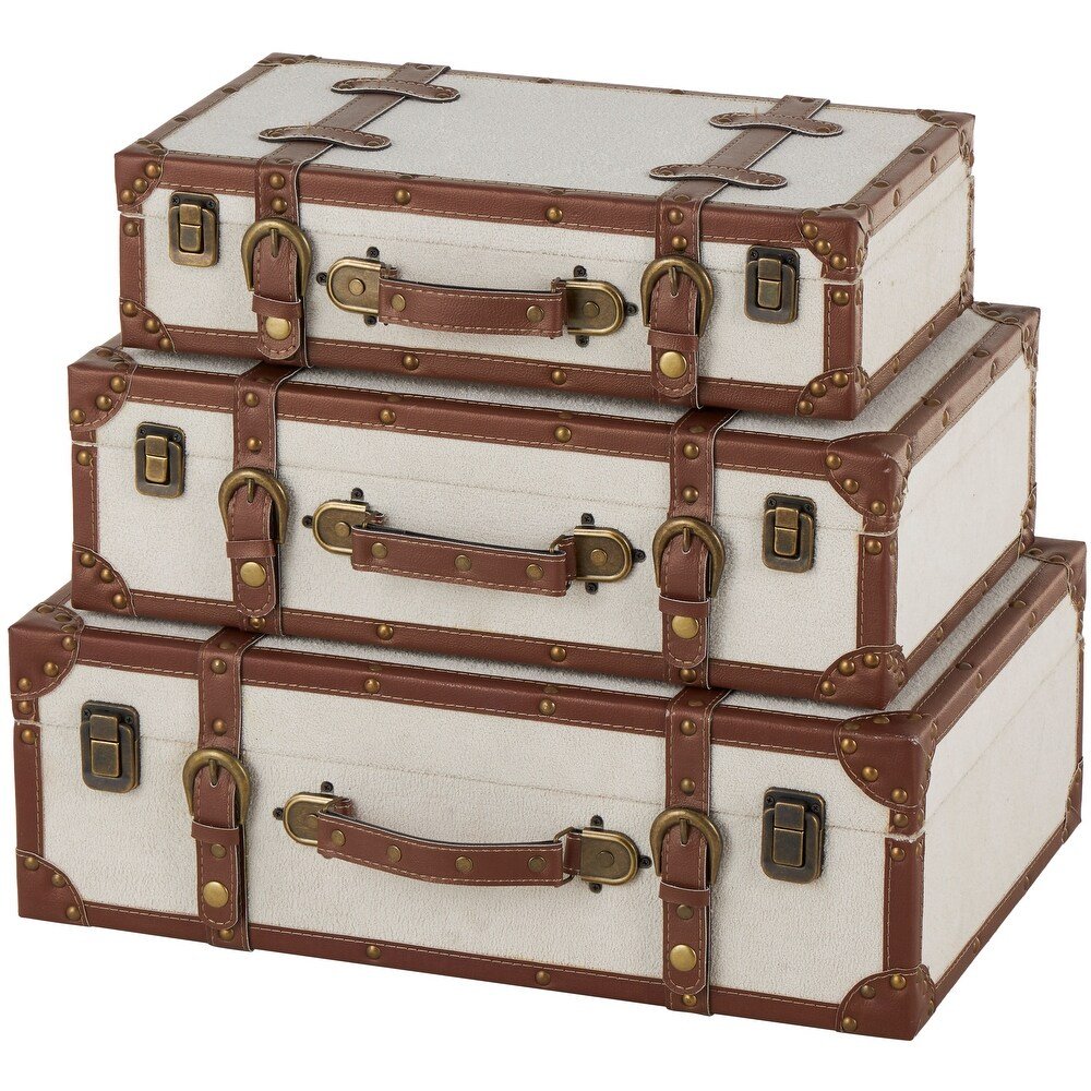 🧳 Set de 3 Baúles Decorativos · Beige Claro & Cuero Marrón - Imagen 3