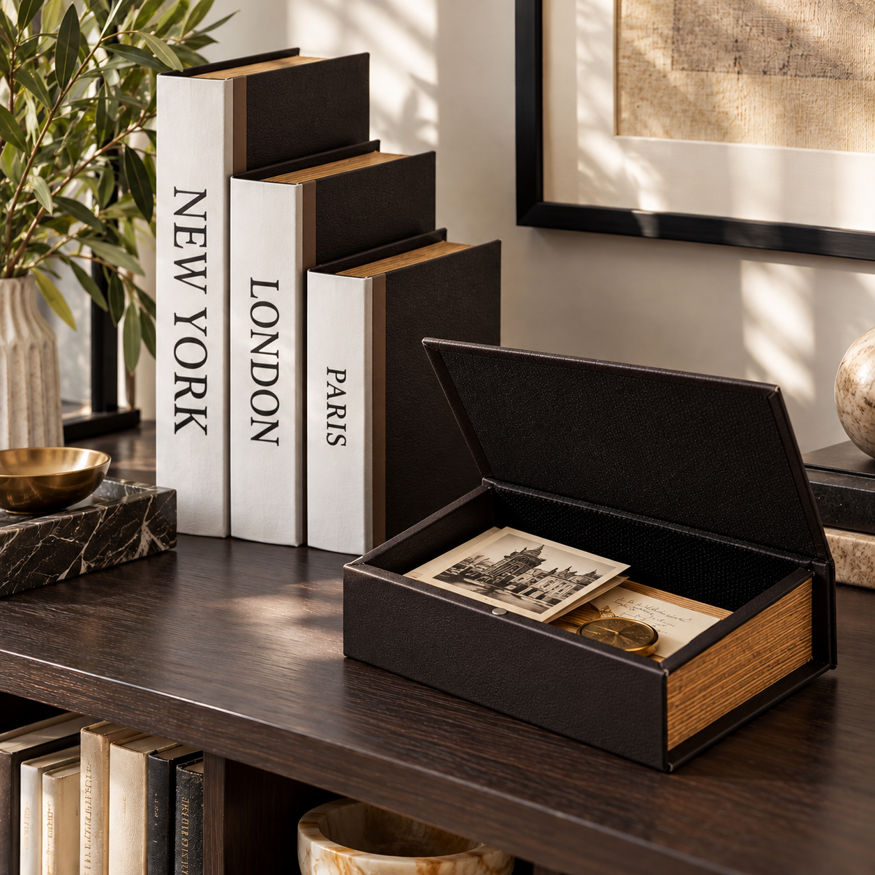 📚 TRAVEL STORIES · Set de 3 Cajas Libro Decorativas · París, Londres & Nueva York