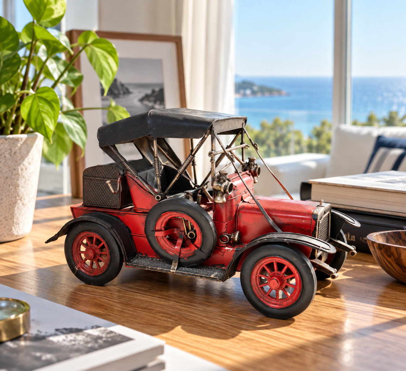 🚗 Automóvil Clásico de Metal · Rojo con Capota Negra