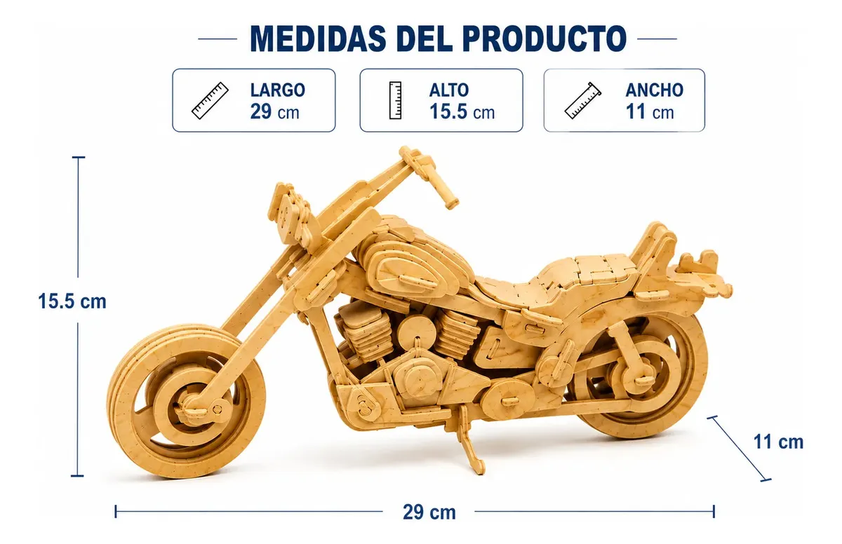 🏍️ Motocicleta Chopper Clásica · Puzzle 3D de Madera | 97 Piezas - Imagen 12