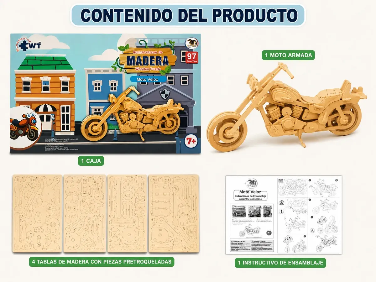 🏍️ Motocicleta Chopper Clásica · Puzzle 3D de Madera | 97 Piezas - Imagen 11